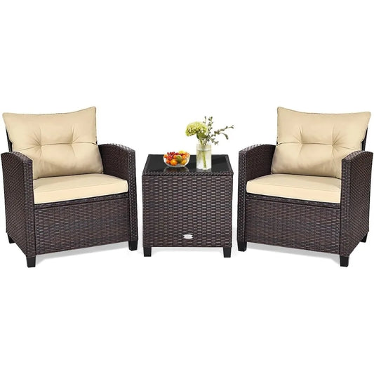 3 Pieces Patio Conversation Set, Outdoor Furniture Set PE Rattan Sofa Set With Removable Cushions, PE Wicker Chairs W