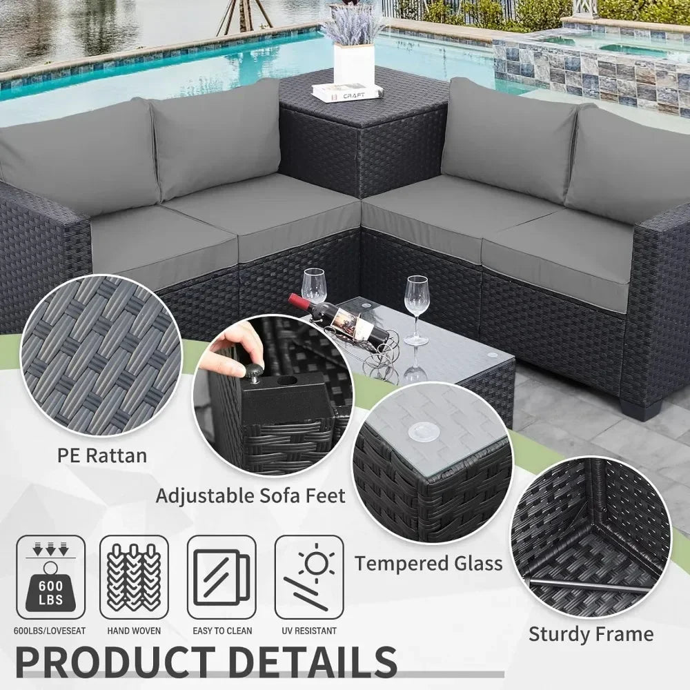 Outdoor PE Wicker Furniture Set 4 Piece Black Rattan Loveseat Couch Set With Storage Box Glass Top Table And Non-Slip Cushion