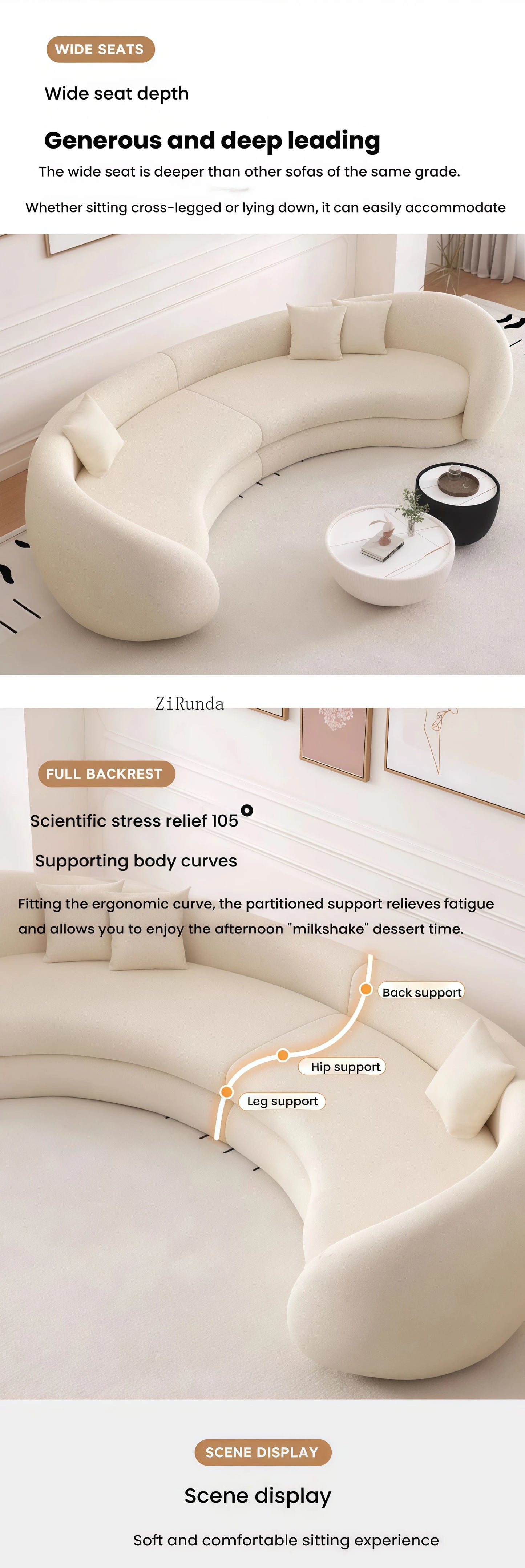 Simple cream living room sofa special-shaped semi-circular moon cashmere fabric sponge filling set