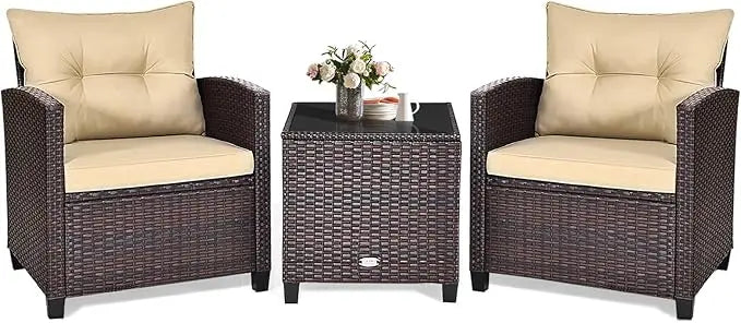 3 Piece Patio Furniture Set, Outdoor Conversation Set with Washable Cushions & Tempered Glass Tabletop, PE Rattan Wicker Bistro