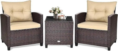 3 Piece Patio Furniture Set, Outdoor Conversation Set with Washable Cushions & Tempered Glass Tabletop, PE Rattan Wicker Bistro