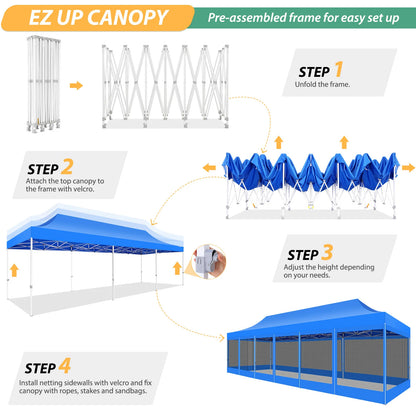 10x30FT Canopy Tent with 8 Sidewalls,Heavy Duty Pop up Canopy Party Tent with Mosquito Netting,Easy up Screen Canopy for Parties