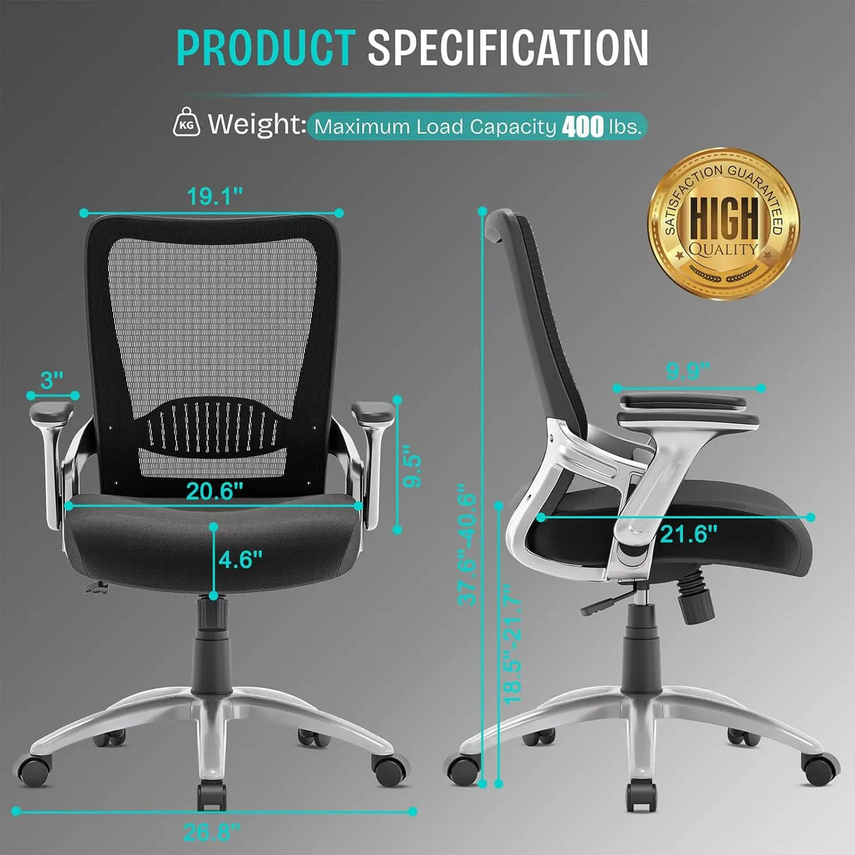 Ergonomic Office Chair with Adjustable Lumbar Support, Flip-up Arms, Tilt Function, Wide Mesh Seat