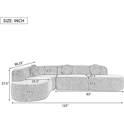 122" Extra Large Sectional Sofa Soft Fabric Upholstery Sponge Couch, Elegant Curved Design with Three Round Cushions