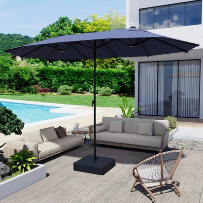 15FT Large Patio Umbrella with Base Included, Outdoor Deck Standing Umbrella with Crank Handle, Double-Side Rectangular Pool Umb