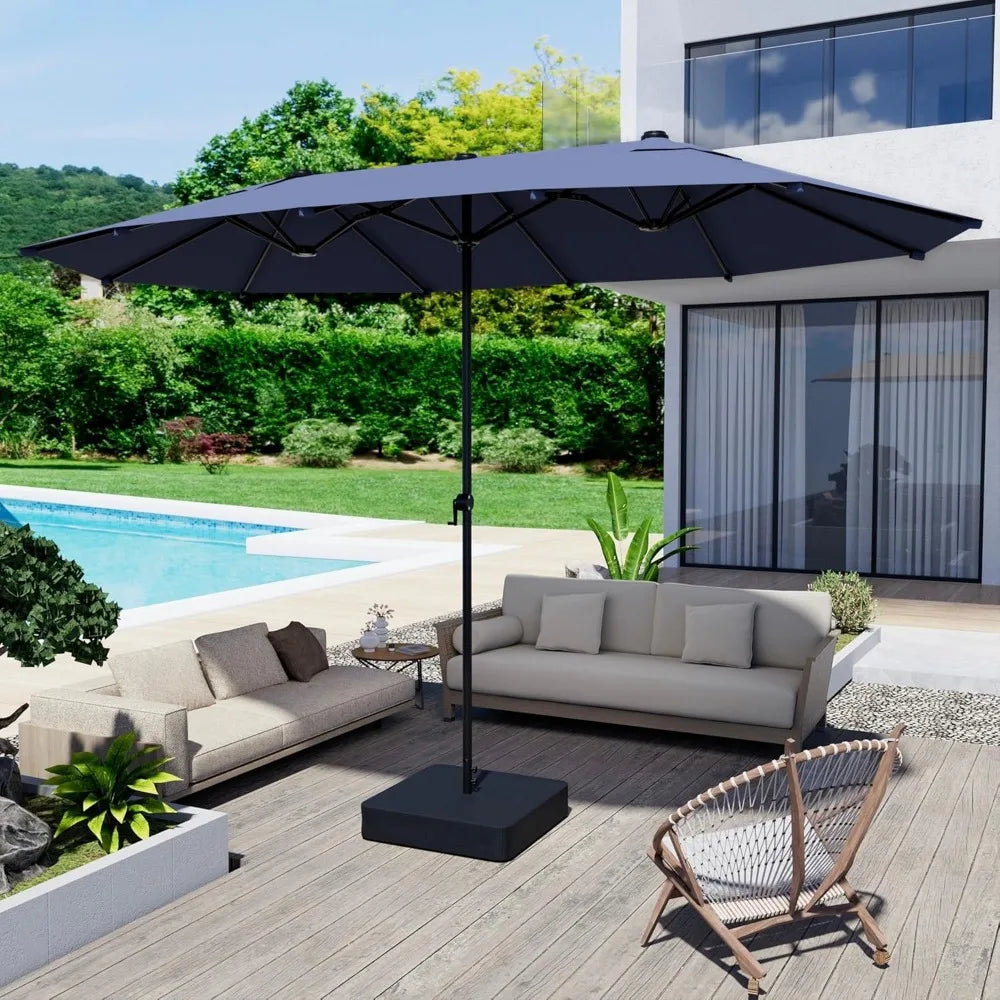 15FT Large Patio Umbrella with Base Included, Outdoor Deck Standing Umbrella with Crank Handle, Double-Side Rectangular Pool Umb