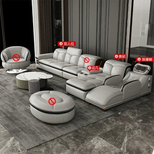 Smart Leather Sofa Massage for Left and Right Noblewomen, Cowhide Solid Wood Living Room Corner Small Unit