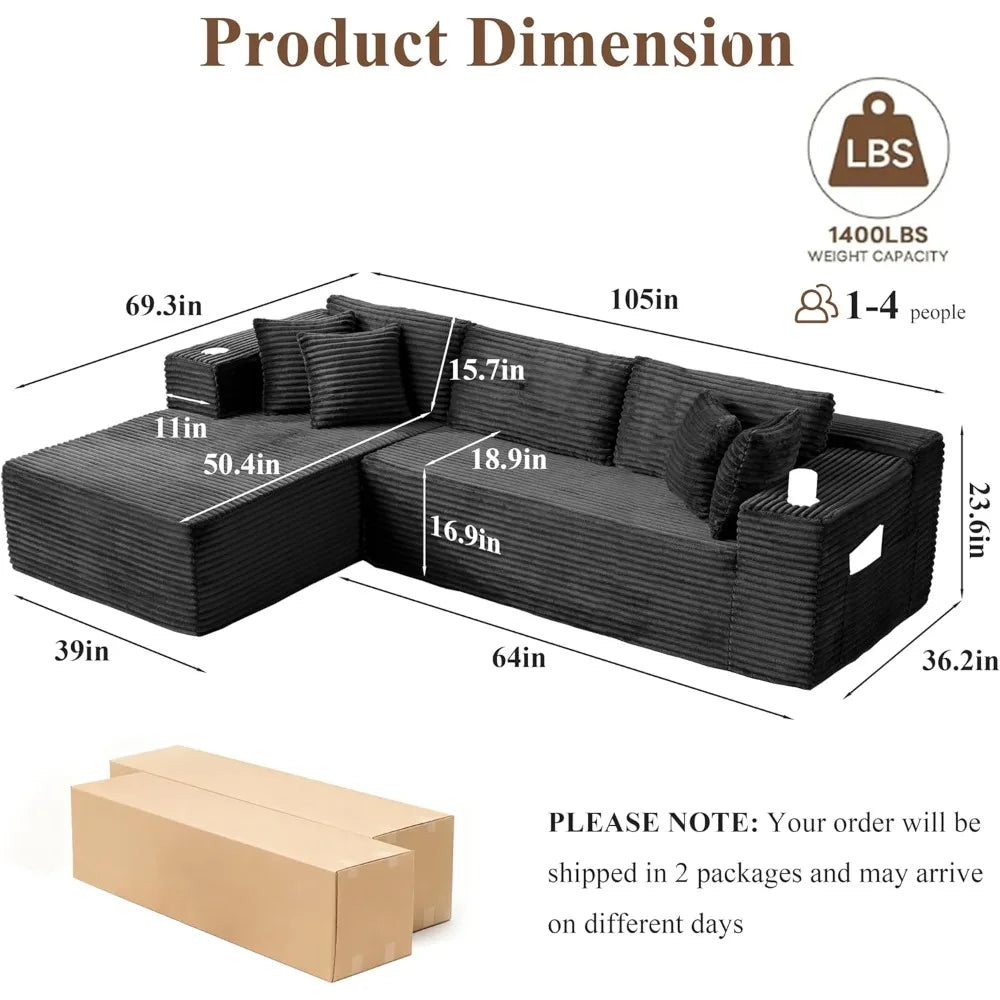 105'' Boneless Cloud Couch Modular Sectional Sofa, Comfy L Shaped Upholstered Corduroy Sectional Couches for Living Room