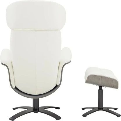 Reclining Swivel Chair with Adjustable Headrest and Ottoman in White, Made with 100% Top Grain Leather for Living Room Use