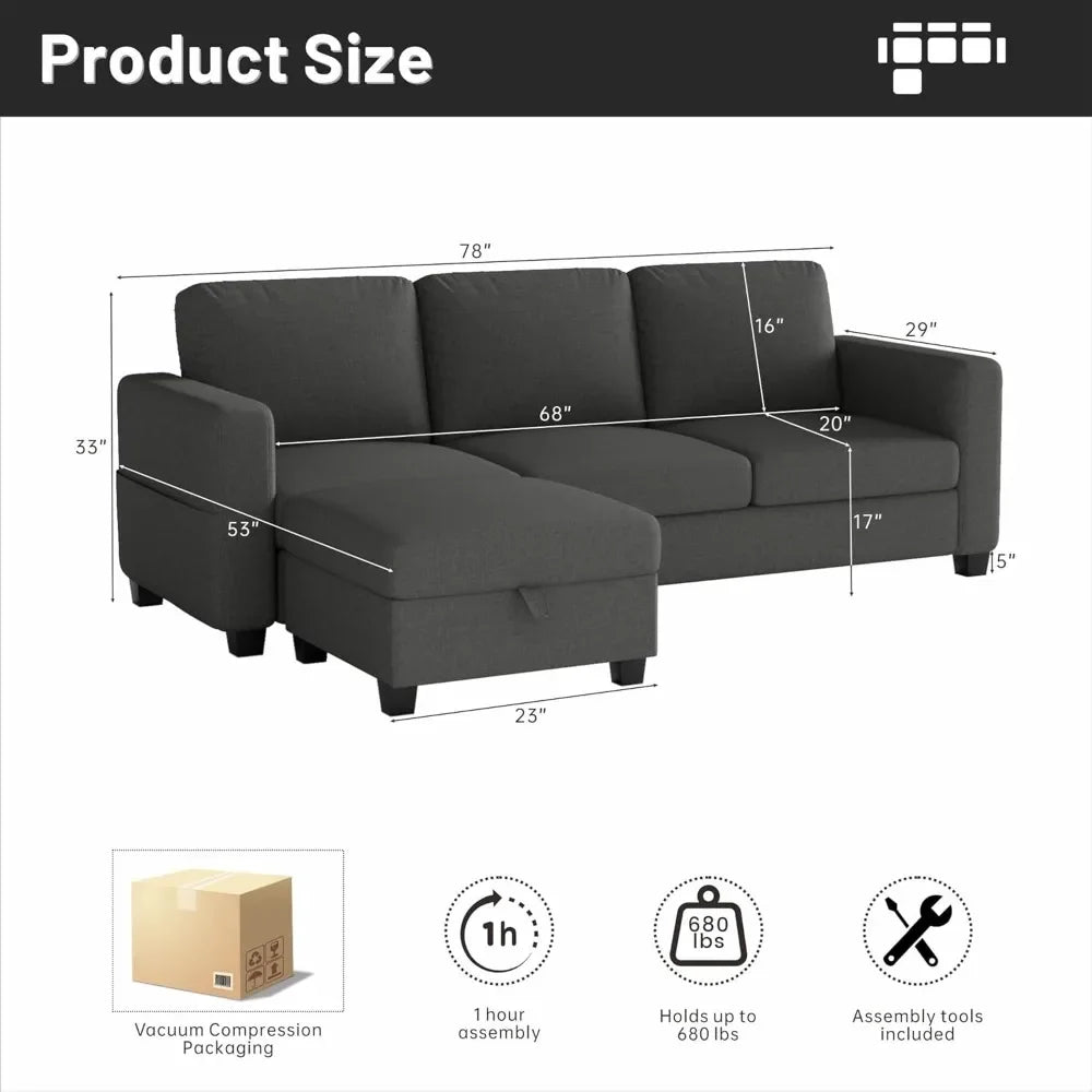 L Shaped Sectional Sofa Couch Pet Friendly Modular 3 Seater Convertible Sofas for Living Room Linen