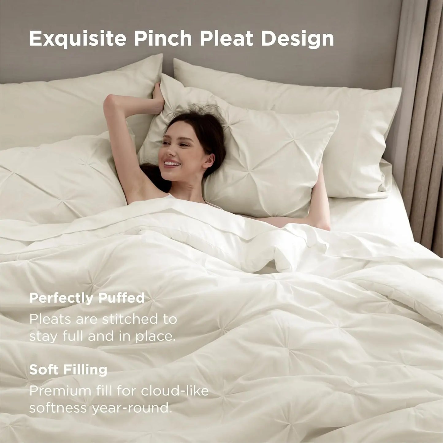 King Size Comforter Set Ivory Bed in a Bag King Size 7 Pieces GentleSoft™ Pintuck Bed Set Gift for Family Pinch Pleat Ivory Comf