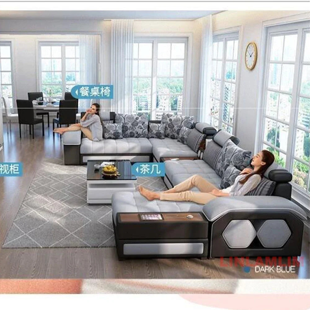 MANBAS U-Shaped Sectional Fabric Sofa Set - Modern Living Room Furniture with Storage, Built-in Side Tables, USB, and Cushions