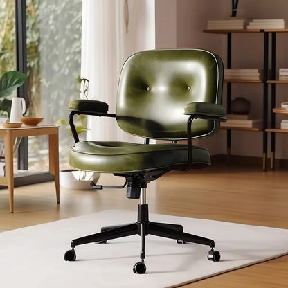 Home Computer Chair Office Chair Swivel Chair Oil Wax Leather and Top Layer Cowhide Style Retro Light Luxury Texture New