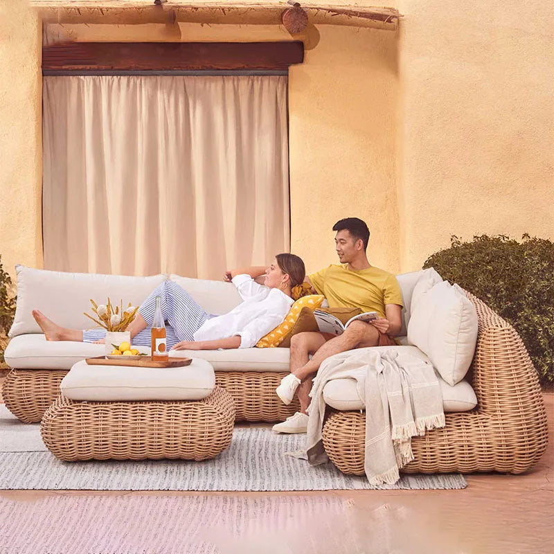 Outdoor rattan woven sofa, balcony, courtyard sofa, coffee table, outdoor rattan woven furniture