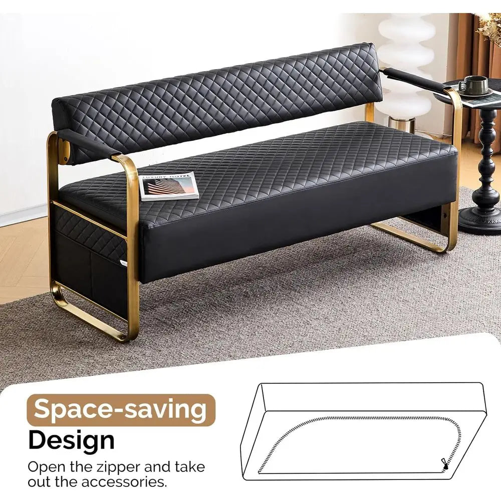 Upholstered Waiting Room Chairs with Arms, 57.5 Office Bench Seating for Various Settings, Black & Gold