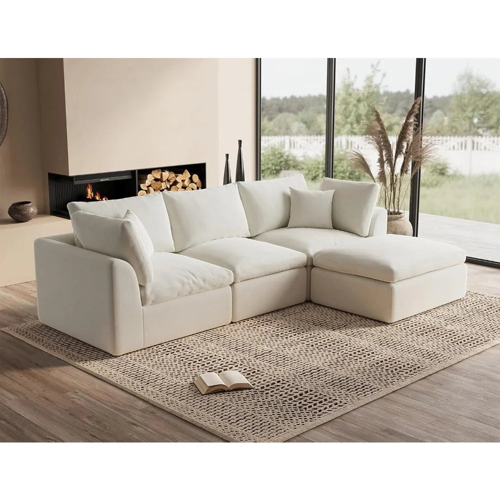 White cloud shaped sofa with L-shaped lounge chair, modern modular sofa with deep seat, suitable for living room, bedroom