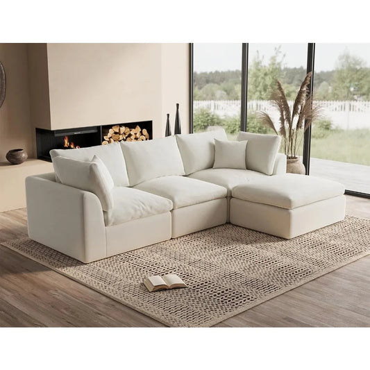 White cloud shaped sofa with L-shaped lounge chair, modern modular sofa with deep seat, suitable for living room, bedroom