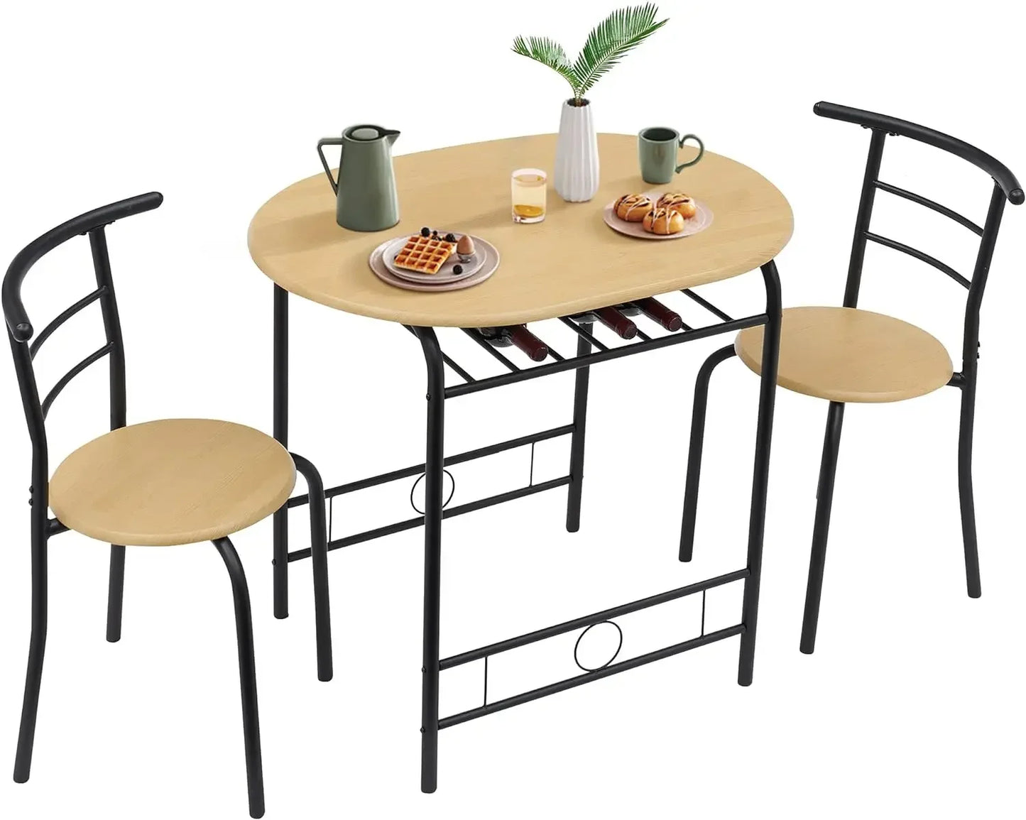 3 Piece Wood Round Table & Chair Set for Dining Room Kitchen Bar Breakfast, with Wine Storage Rack, Space Saving