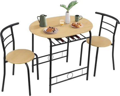 3 Piece Wood Round Table & Chair Set for Dining Room Kitchen Bar Breakfast, with Wine Storage Rack, Space Saving