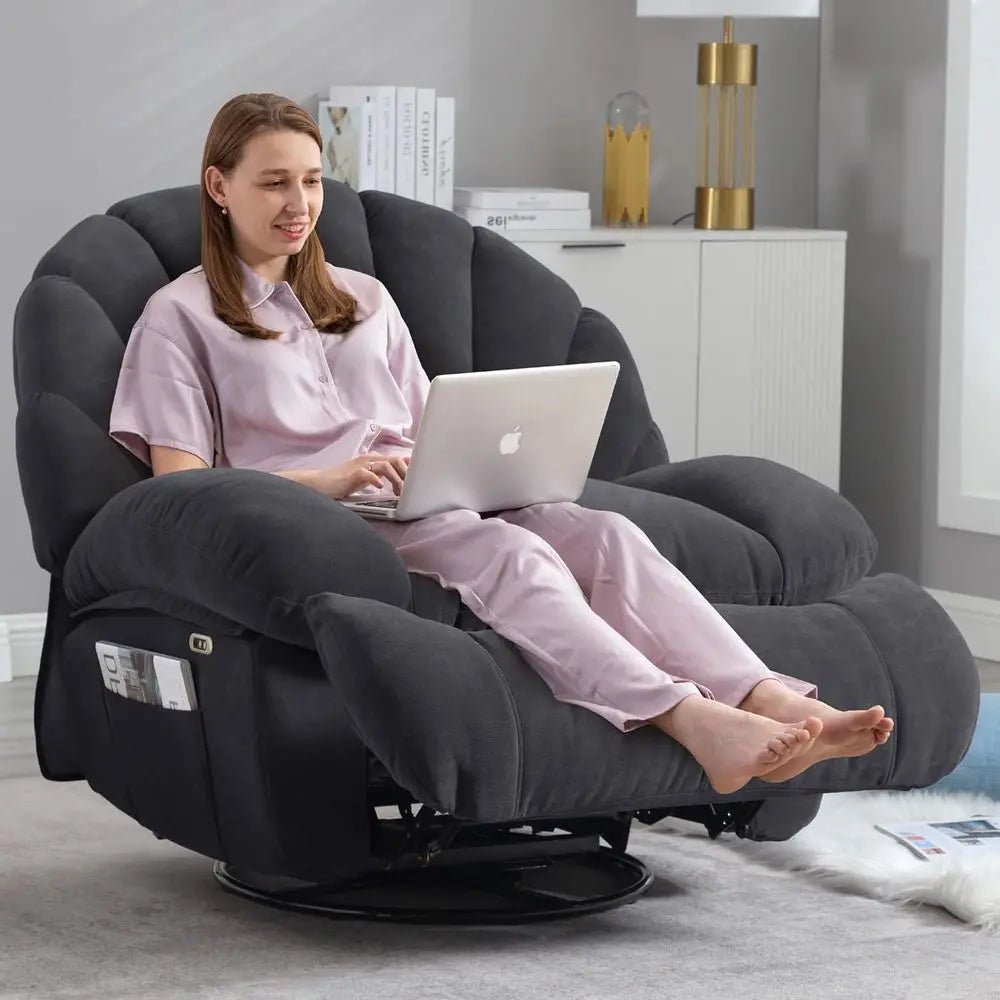 Gray Swivel Recliner Chair with Comfortable Fabric, 360-Degree Rotation, Storage, and Electric Recline for Living Room or Bedroo