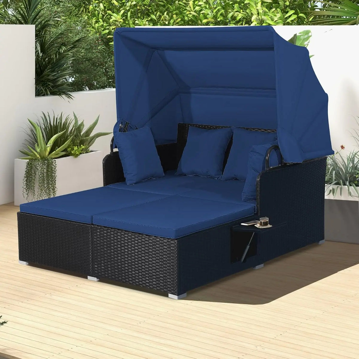 Outdoor Daybed, 2-Person Wicker Patio Sofa with Retractable Canopy, Cushions & Pillows, 2 Side Trays, PE Rattan Double, Custom