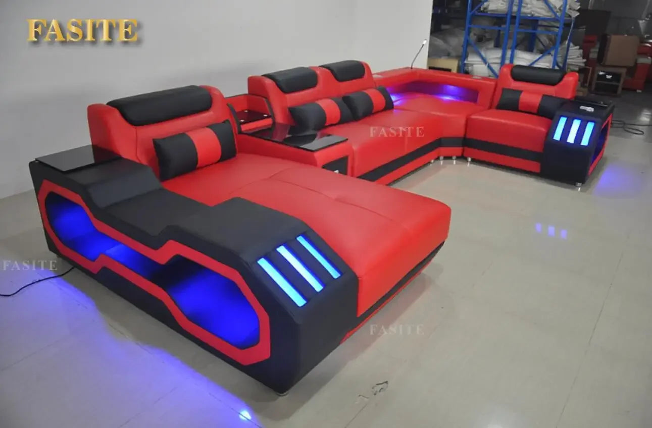 Modern Living Room Sofa Set Genuine Leather Sofas with USB Music Speaker