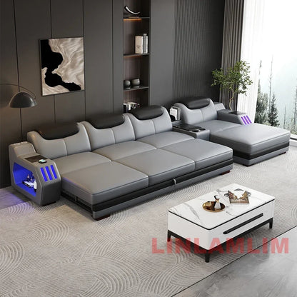 NEW Modern L-Shaped Sectional Sofa Bed with Adjustable Headrests & LED Lights, Genuine Leather Recliner Couch with Storage & USB