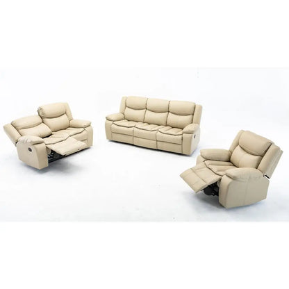Cream Manual Recliner Loveseat Sofa Set 1+2+3 Seater Pillow Top Arms Pocket Spring Seating Leather Upholstery