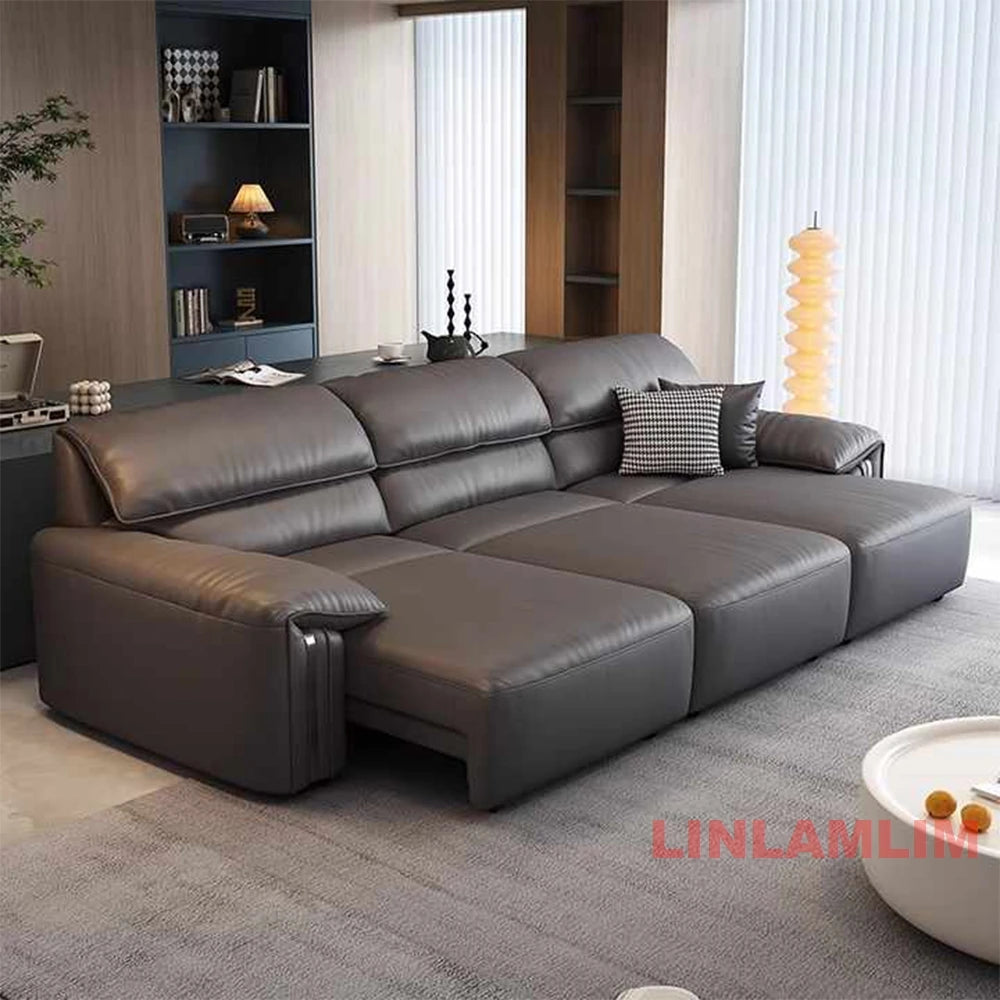 Modern Convertible Genuine Leather Sofa Bed – Multi-functional Electric Sleeper Couch with Adjustable Seats & Wide Chaise Lounge