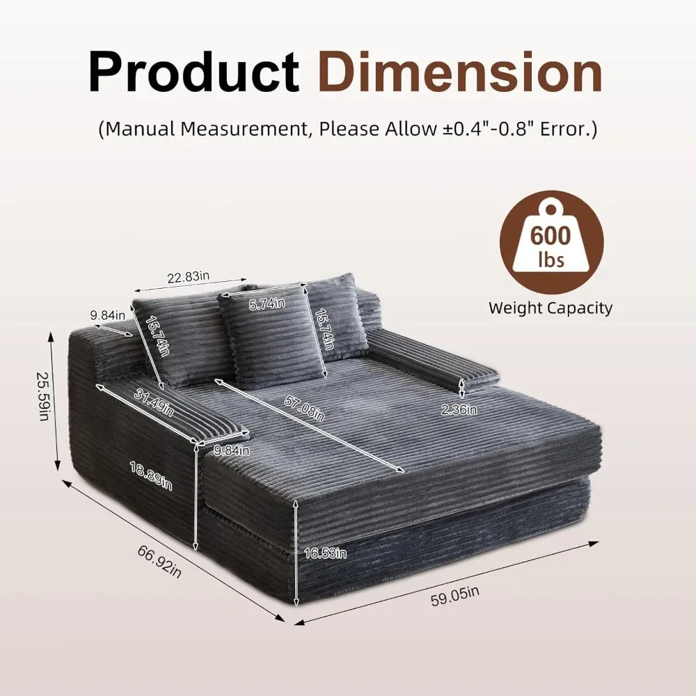 67'' Indoor Chaise Lounge Chair Oversized Upholstered Sofa Bed Modern Deep Seat Comfy Corduroy Sleeper Couch