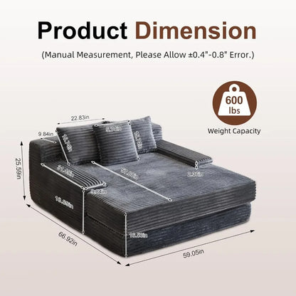 67'' Indoor Chaise Lounge Chair Oversized Upholstered Sofa Bed Modern Deep Seat Comfy Corduroy Sleeper Couch