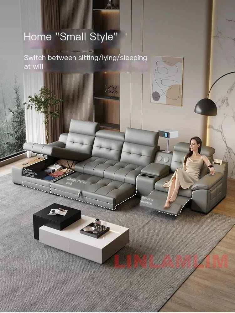 Electric Reclining Sectional Sofa Bed with Cup Holder & Adjustable Headrests – Italian Genuine Leather Convertible Sleeper Couch