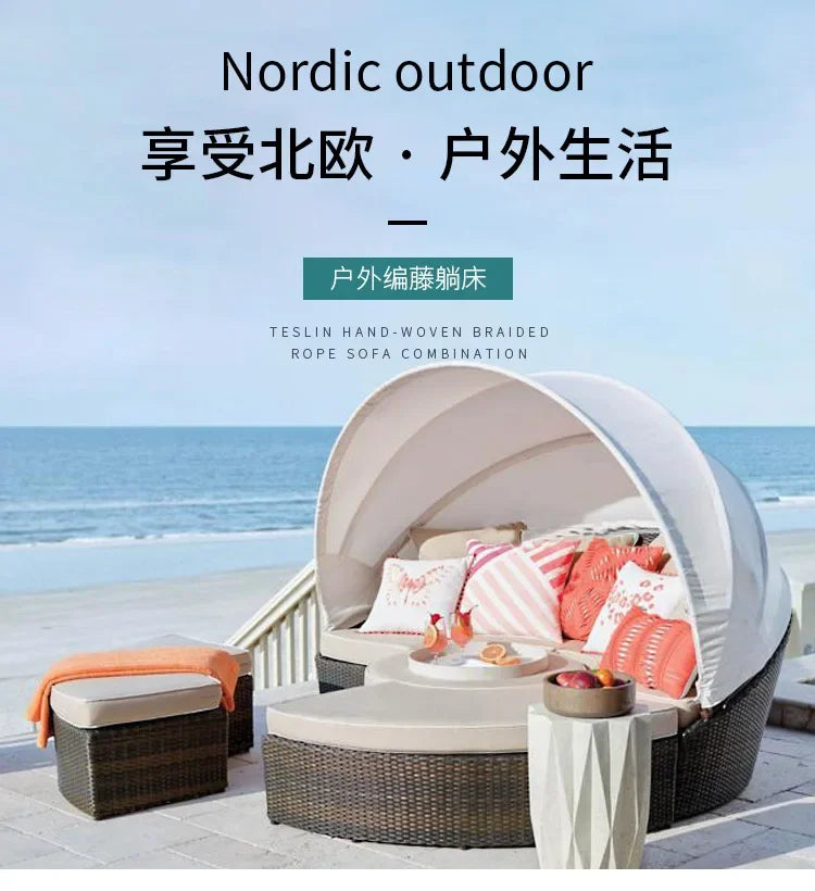 Outdoor rattan round bed leisure garden courtyard swimming pool beach bed