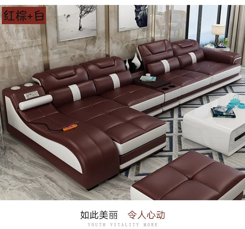 Sectional Sofa with Massage Chaise Lounge, Cup Holder, USB, Adjustable Headrests – Italian Genuine Leather Living Room Couch