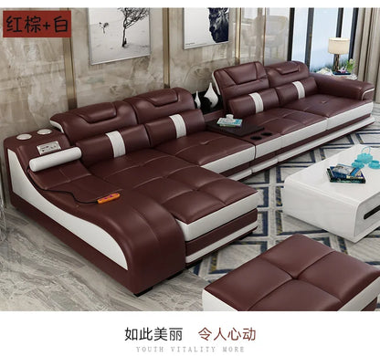 Sectional Sofa with Massage Chaise Lounge, Cup Holder, USB, Adjustable Headrests – Italian Genuine Leather Living Room Couch