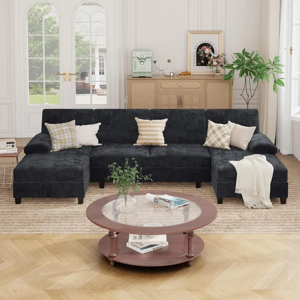U-Shaped Sectional Sofa, Convertible Modular Couch with Double Chaise, 4-Seater Living Room Furniture, Black