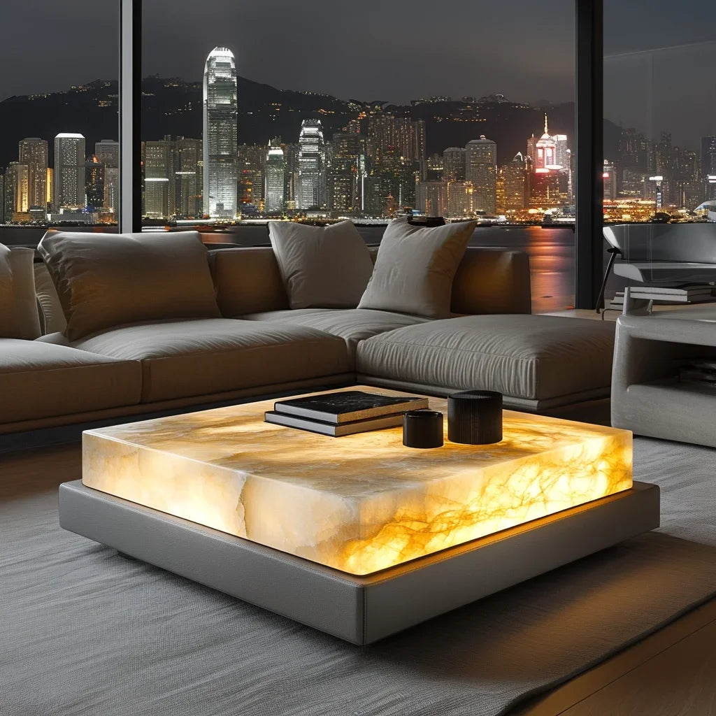 Square luxury stone leather luminous jade coffee table large flat-floor villa living room modern marble