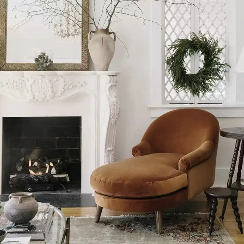 Tassel velvet solid wood fabric living room princess reclining chair retro haze blue creative sofa single chair