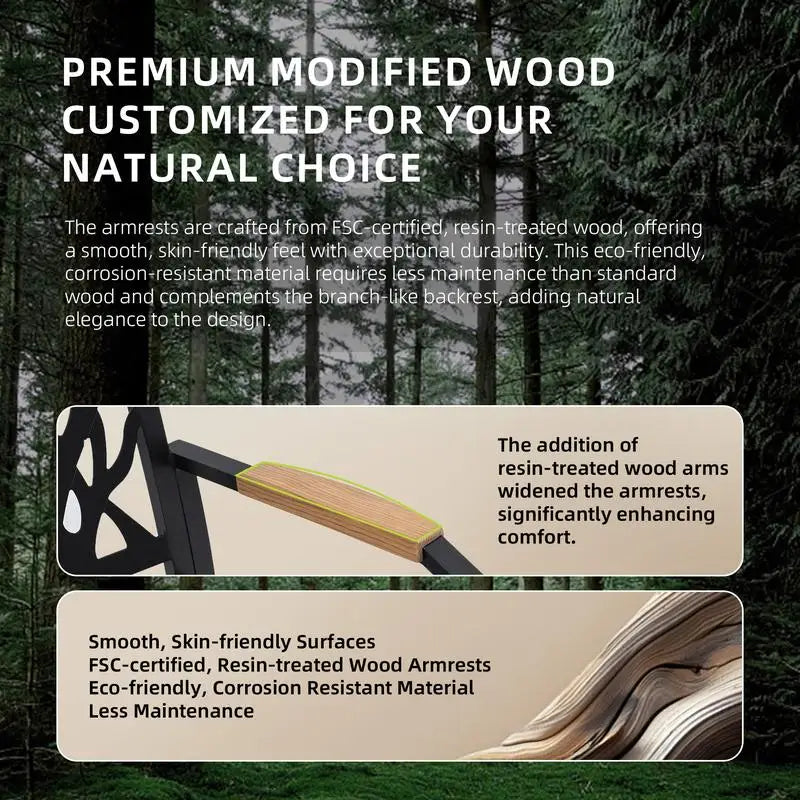 Aluminum Stationary Dining Chairs Set of 2 with Sunbrella Fabric Cushions, Branch-Like Backrest, FSC-Certified Wood Armrests,