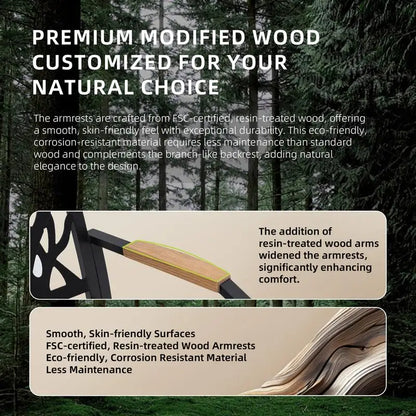 Aluminum Stationary Dining Chairs Set of 2 with Sunbrella Fabric Cushions, Branch-Like Backrest, FSC-Certified Wood Armrests,