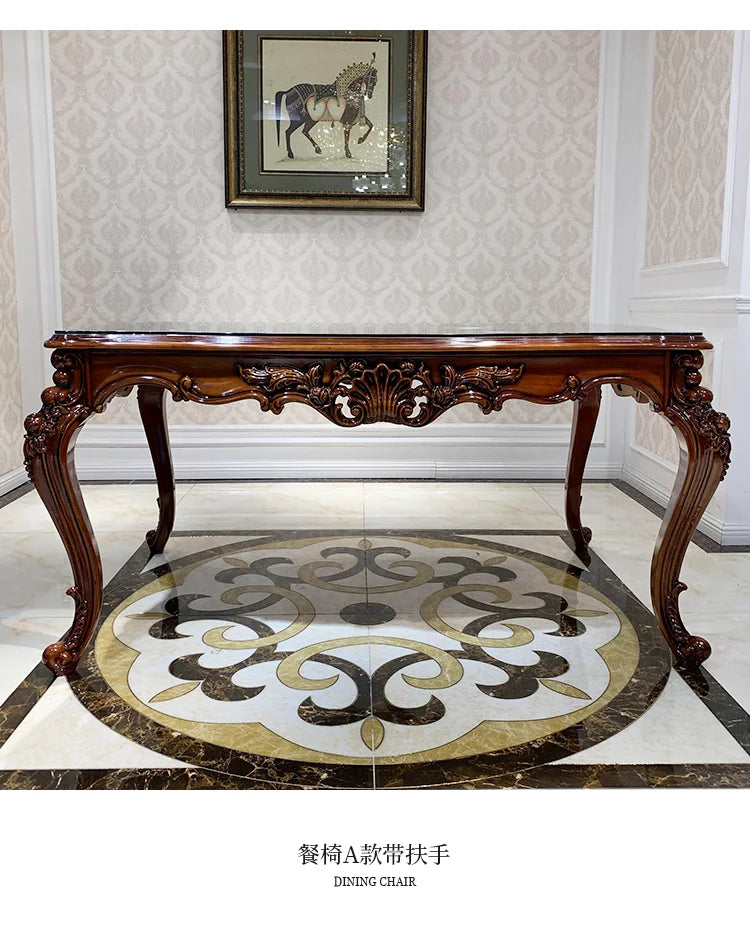 European-style all-solid wood dining table and chairs, living room, luxury villa home square table, French glass dining table