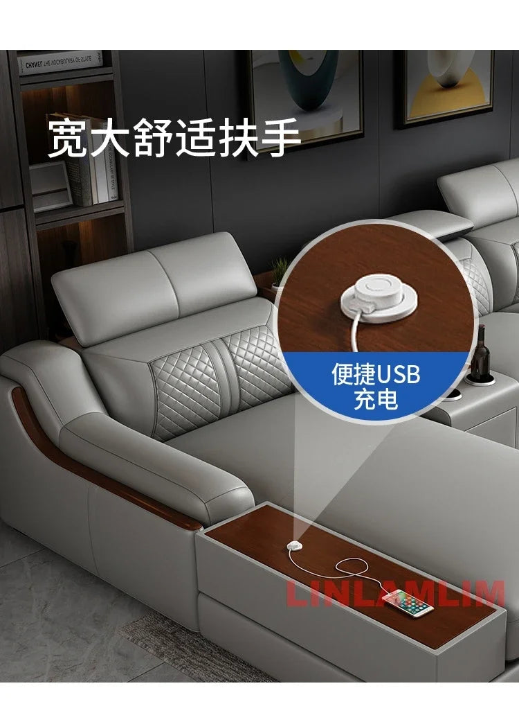 Modern U-Shaped Sectional Sofa Set with Chaise Lounge, Genuine Leather Couch with Storage Table, USB – Big Living Room Furniture