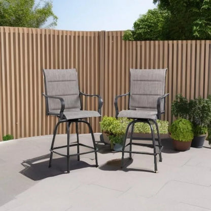 2-Piece Outdoor Swivel Bar Chairs, All-Weather Padded Sling Stools for Garden Patio Balcony, Gray