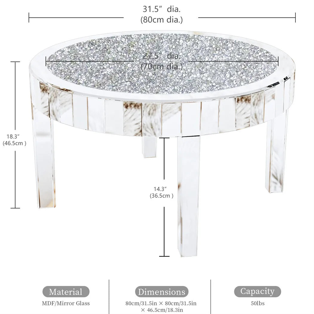 Luxury Coffee Table 80CM Round Mirrored Center Table with Crystal Diamonds, Inlay Accent Side Table for Living Room, Bedroom