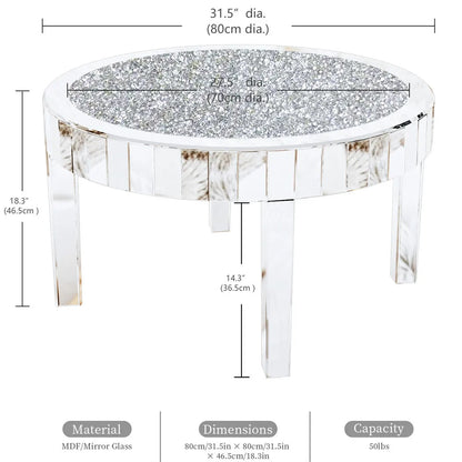 Luxury Coffee Table 80CM Round Mirrored Center Table with Crystal Diamonds, Inlay Accent Side Table for Living Room, Bedroom