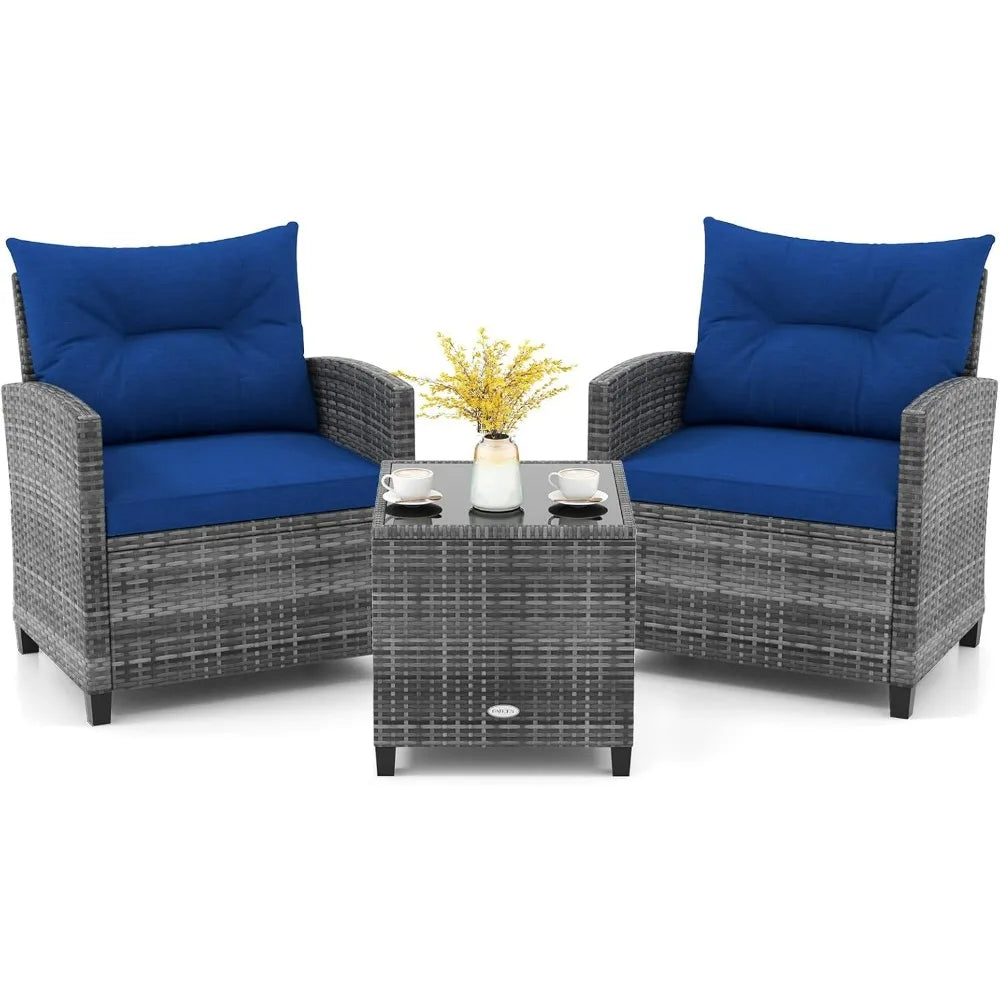 3 Piece Outdoor Patio Furniture Set PE Rattan Conversation Chairs with Washable Cushions Tempered Glass Table Top for Garden