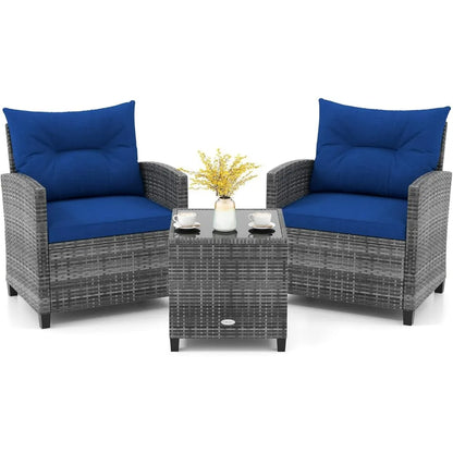 3 Piece Outdoor Patio Furniture Set PE Rattan Conversation Chairs with Washable Cushions Tempered Glass Table Top for Garden