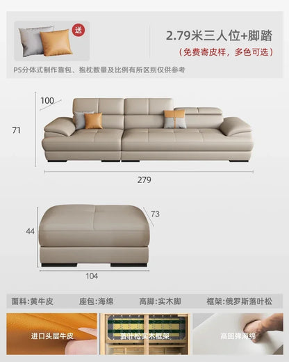 Nordic leather sofa with cowhide top layer, simple modern size, living room, Italian minimalist cream style leather sofa
