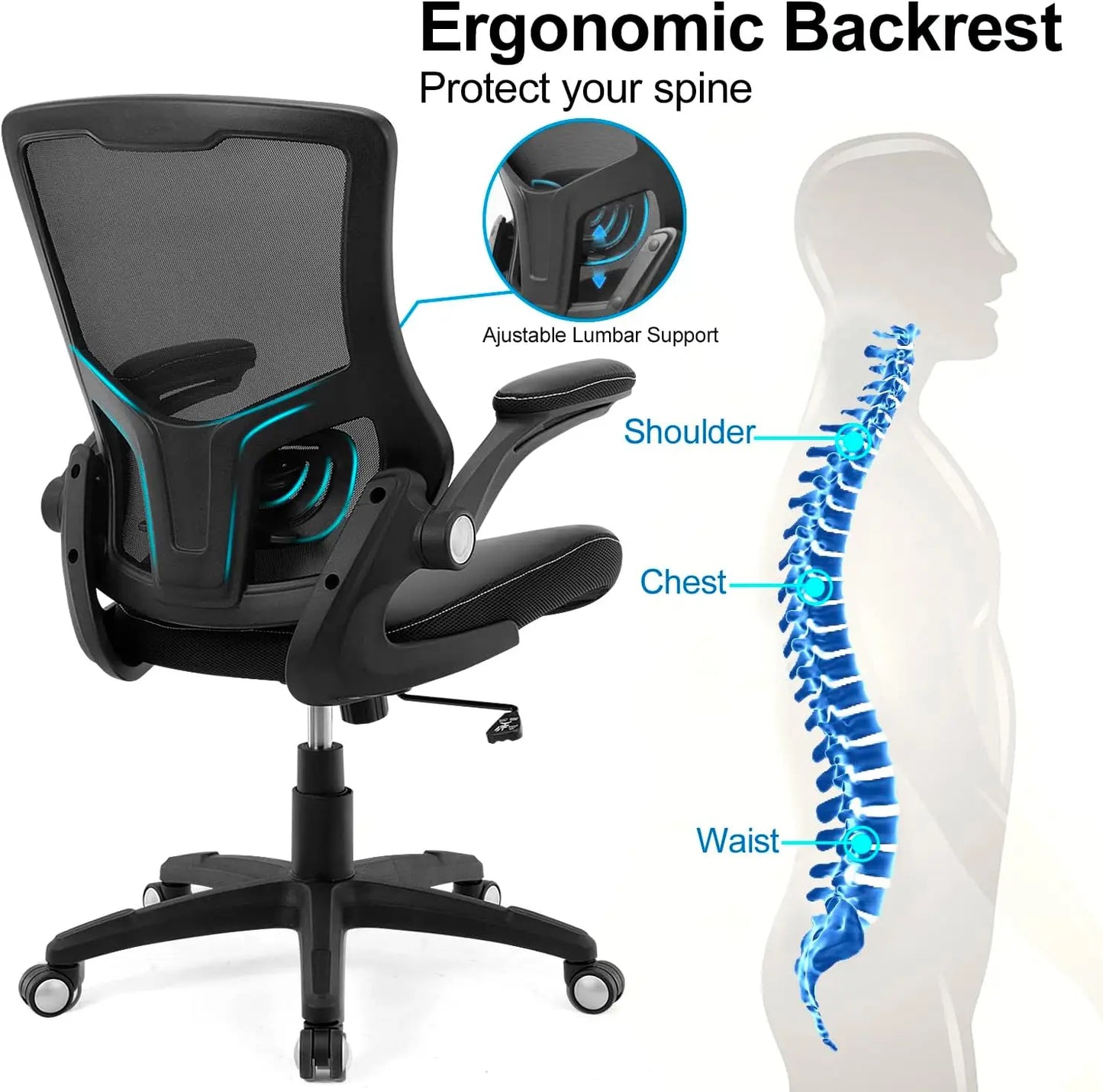 Ergonomic Office Chair with Adjustable Lumbar Support, PU Leather Seat and Flip-up Arms for Home Office Comfort