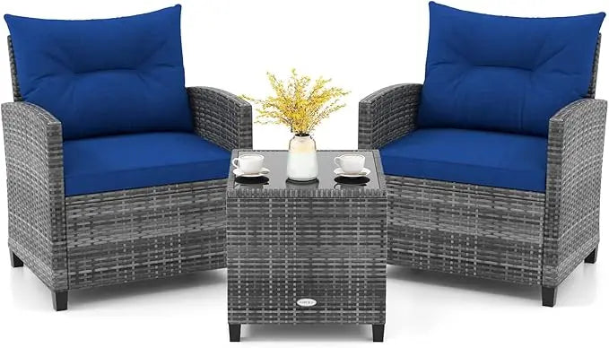 3 Piece Outdoor Patio Furniture Set PE Rattan Conversation Chairs with Washable Cushions Tempered Glass Table Top for Garden